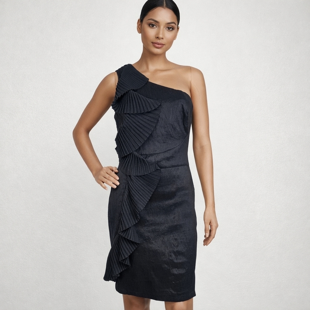 Forever 21 Dress One Shoulder Black Ruffles Satiny Fabric Sz M Dark Romantic